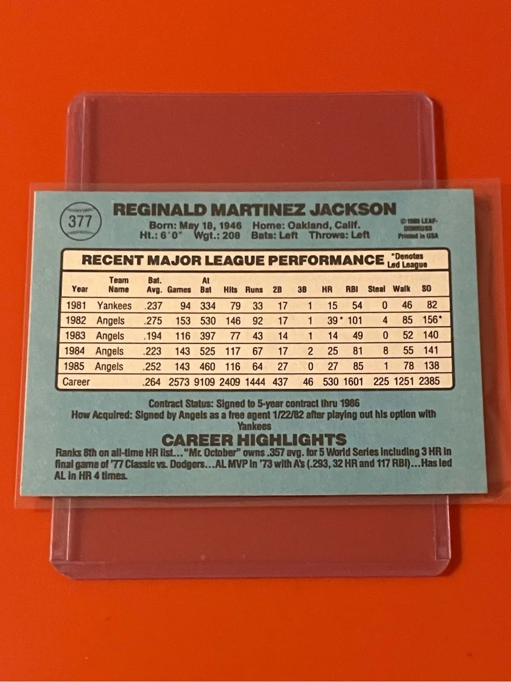 Reggie Jackson #377 1986 Donruss Baseball Trading Card